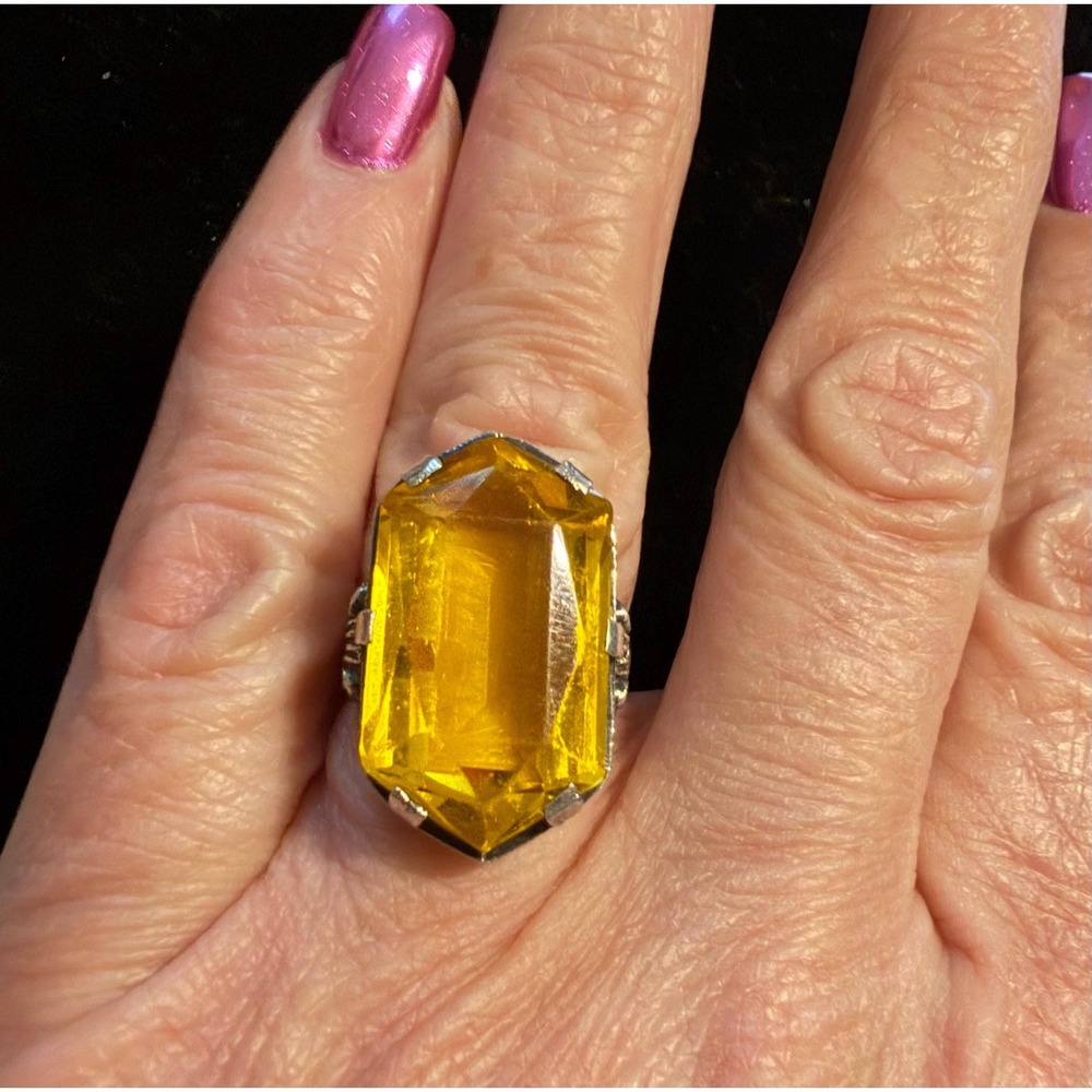 Antique Edwardian Citrine Ring Sterling Silver Filigree Sz 6